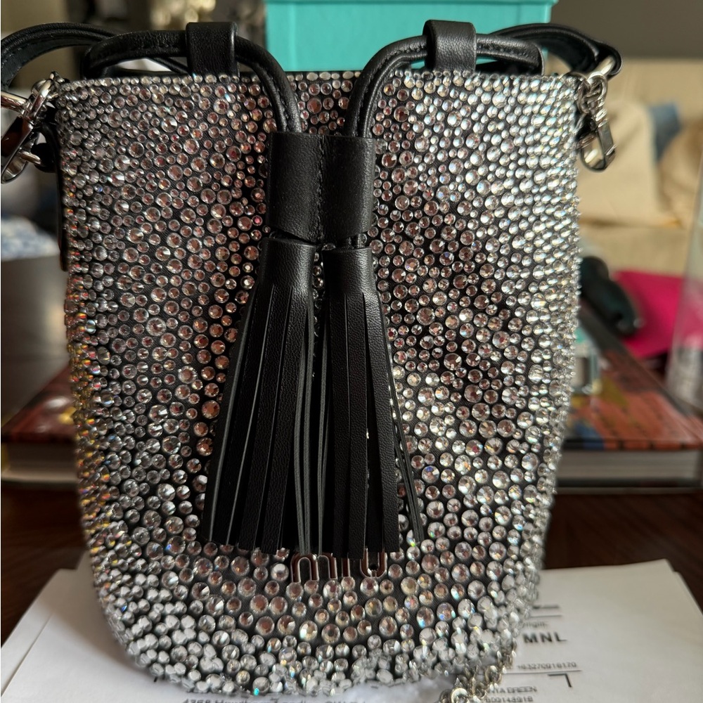 Miu Miu Crystal-Embellished Silver Mini Bucket Bag with Black Tassel